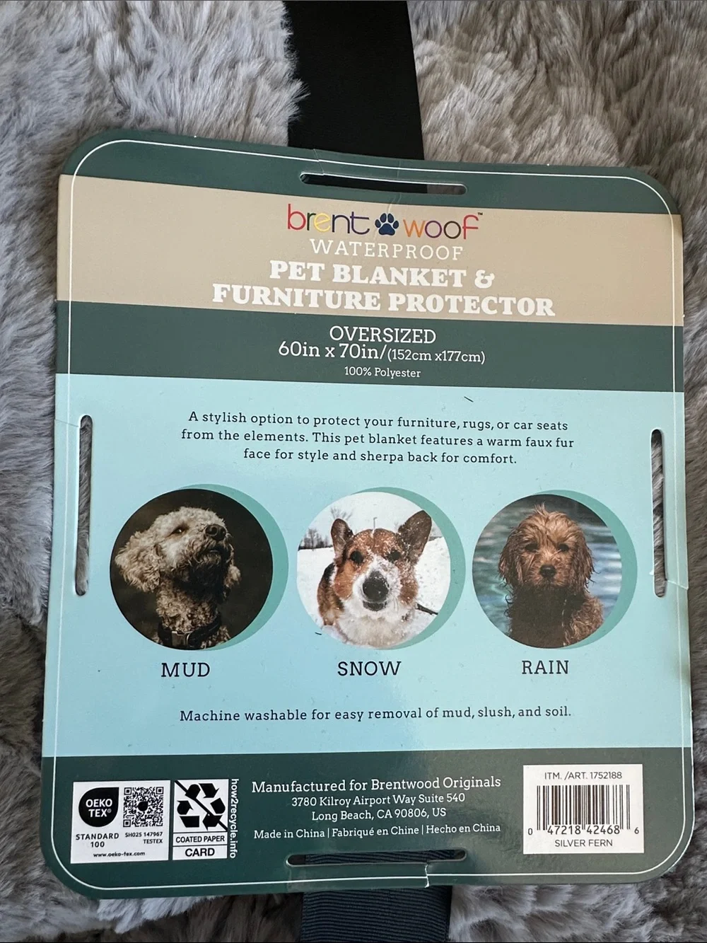 Waterproof Pet Blanket & Furniture Protector - Gray faux Fern